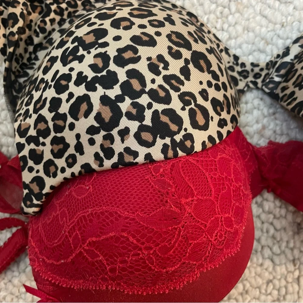 Leopard Print and Red Lace Sexy Push-Up Bras - Picture 3 of 4